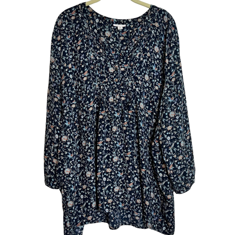 Westport 1962 Womens Chiffon Blouse Size 3X Blue Ditsy Floral Pintucked Cottage